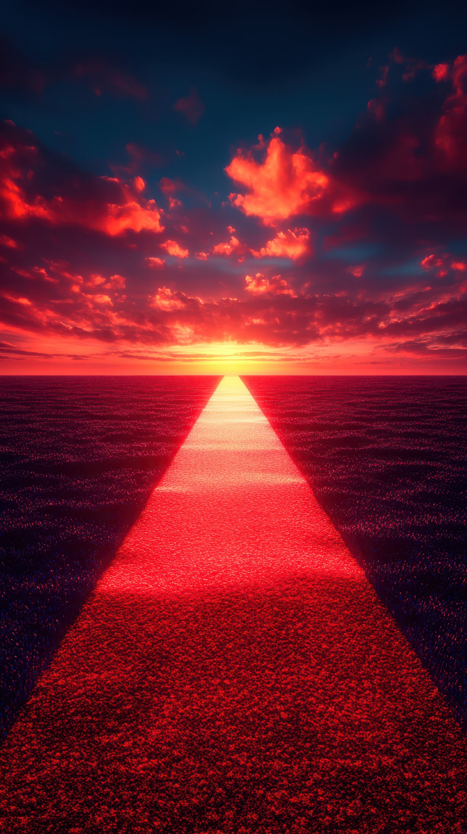 Sunset glow reflecting on water creates a vibrant path leading to the horizon in a breathtaking landscape
